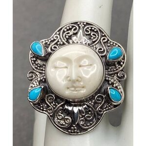 NWT STS Signed 925SS Carved Bone & Sleeping Turquoise Goddess Ring Sz 8/8.5